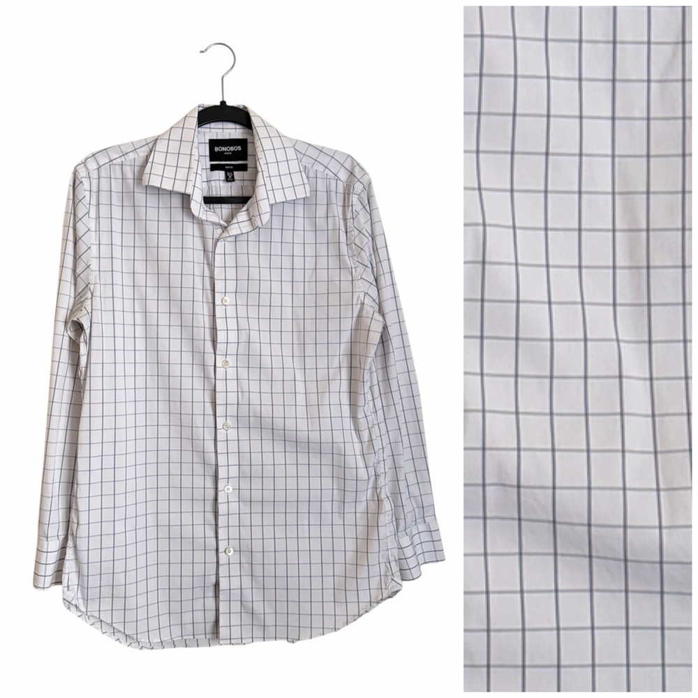 Bonobos Men’s Stretch Slim Fit Long Sleeve Button Down 15.5-33 White Blue Grid